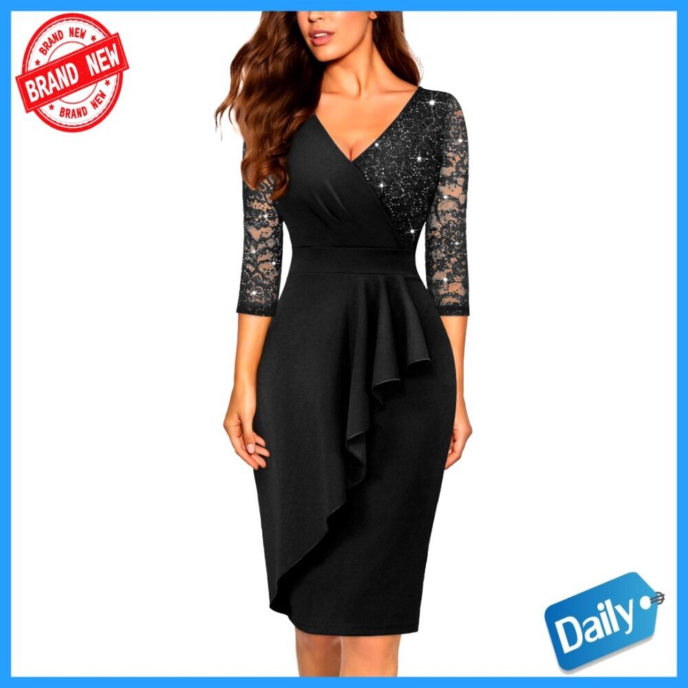 Elegant Sequin Lace Cocktail Dress V-Neck 3/4 Sleeve Party Wear Chic